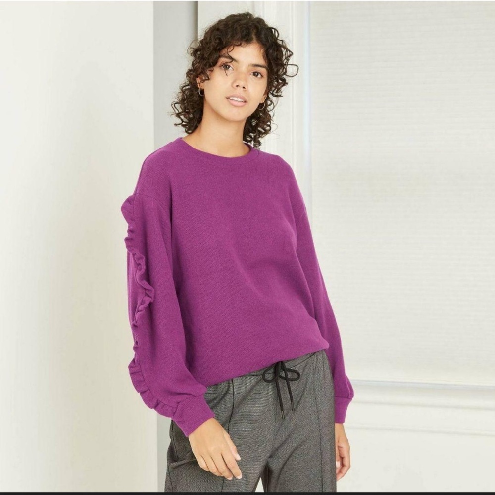 A New Day Ruffle Sleeve Crewneck Sweater in Purple